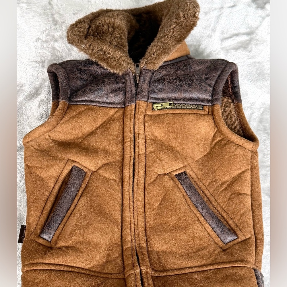 Vintage Kids Sherpa Lined Vest Size 4 Brown‎ Faux Suede Aviator Western 70s 80s